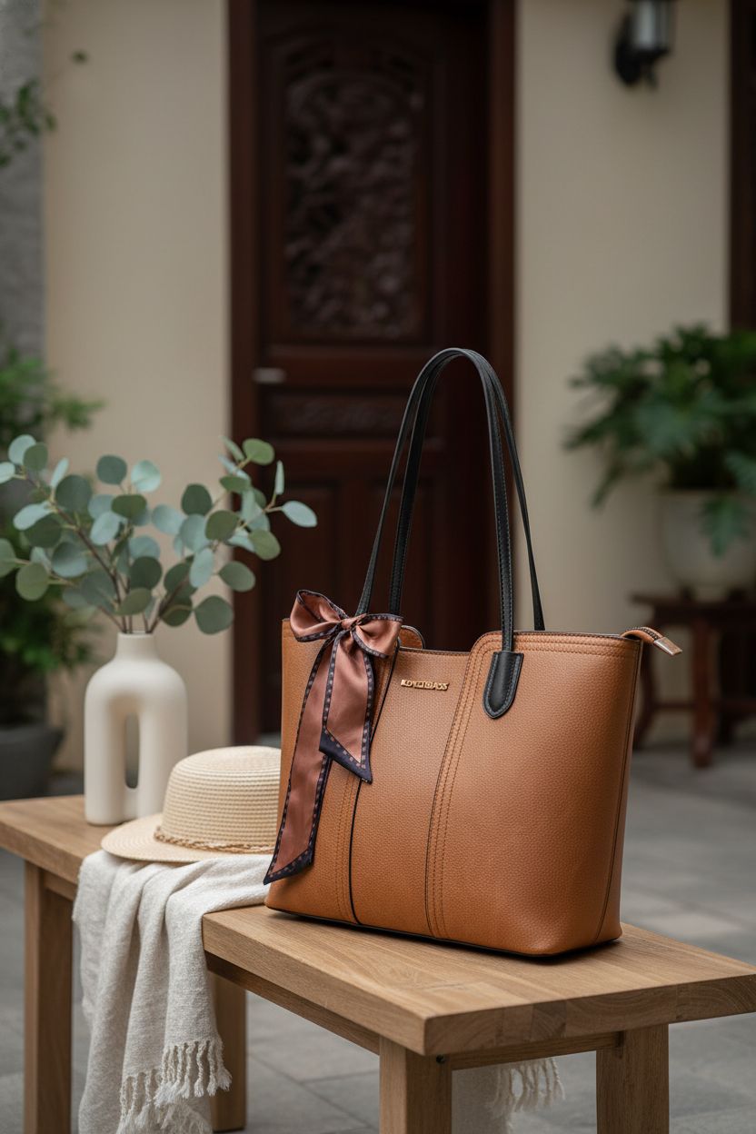Montana West vegan leather tote on a bench, beautifully styled with a linen throw and eucalyptus.