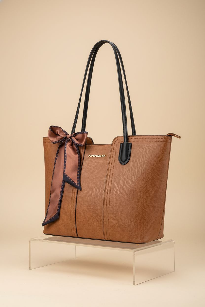Montana West medium brown tote bag showcased on a clear riser, highlighting its matte finish and design.