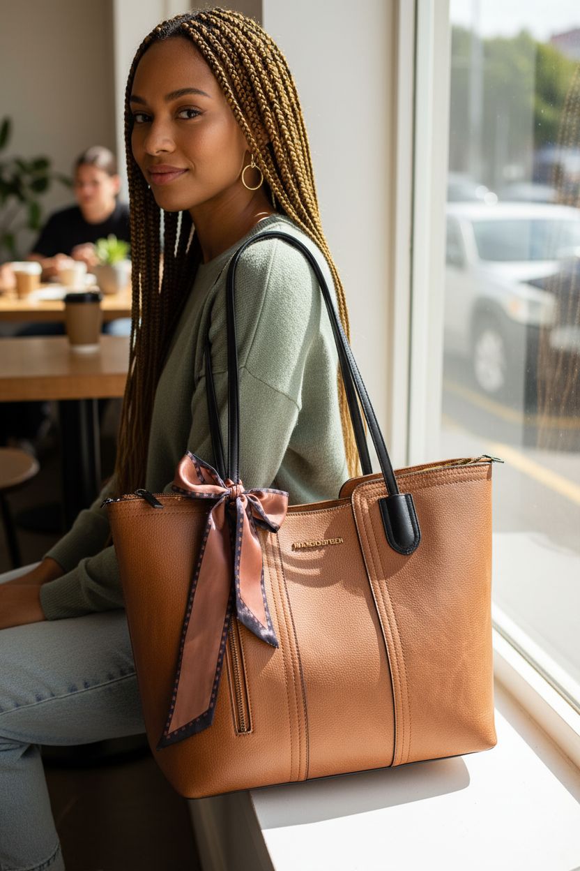 Montana West brown tote with black handles in a cafe, showcasing its sleek design and interior pockets.