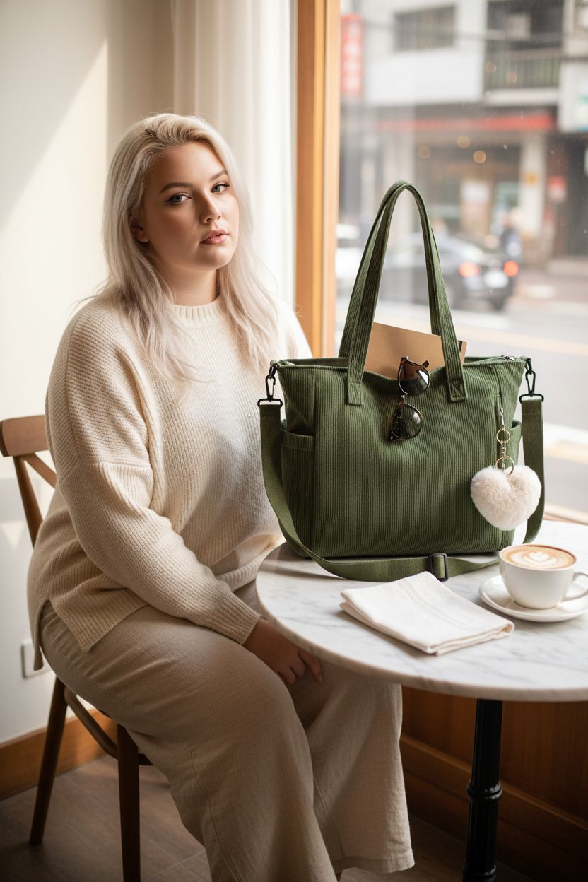 Makukke green corduroy tote in a sunlit café, elegantly styled with everyday essentials.