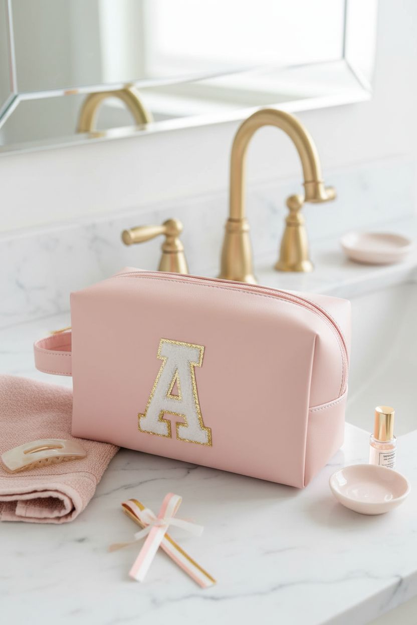 WEMVP pink preppy cosmetic bag on a marble counter, perfect for organizing beauty essentials