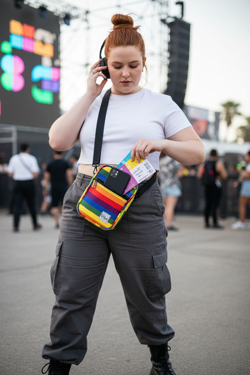 Vibe Festival Gear pride purse in rainbow colors, featuring crossbody style and zippers, perfect for festivals.