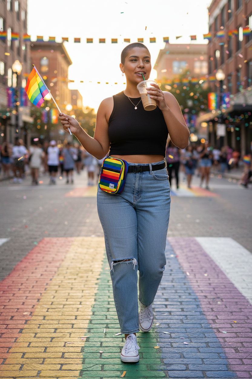 Vibe Festival Gear pride purse worn as a fanny pack, showcasing vibrant colors during a lively parade.