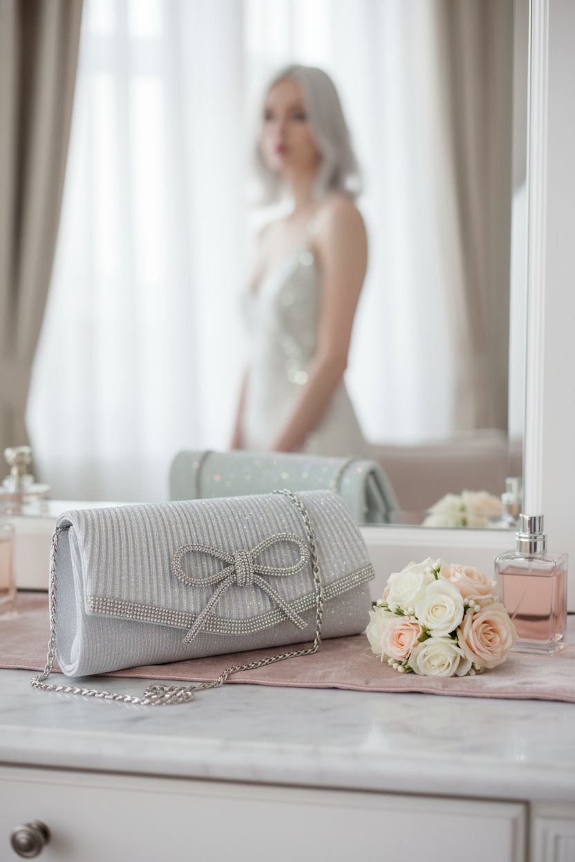 Trisapu silver clutch elegantly displayed with a corsage and perfume at a chic vanity.