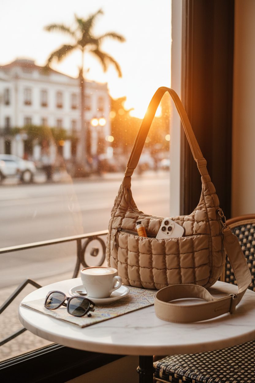 BAGSMART puffer hobo bag on a marble table next to coffee and a city map, cozy cafe vibe.
