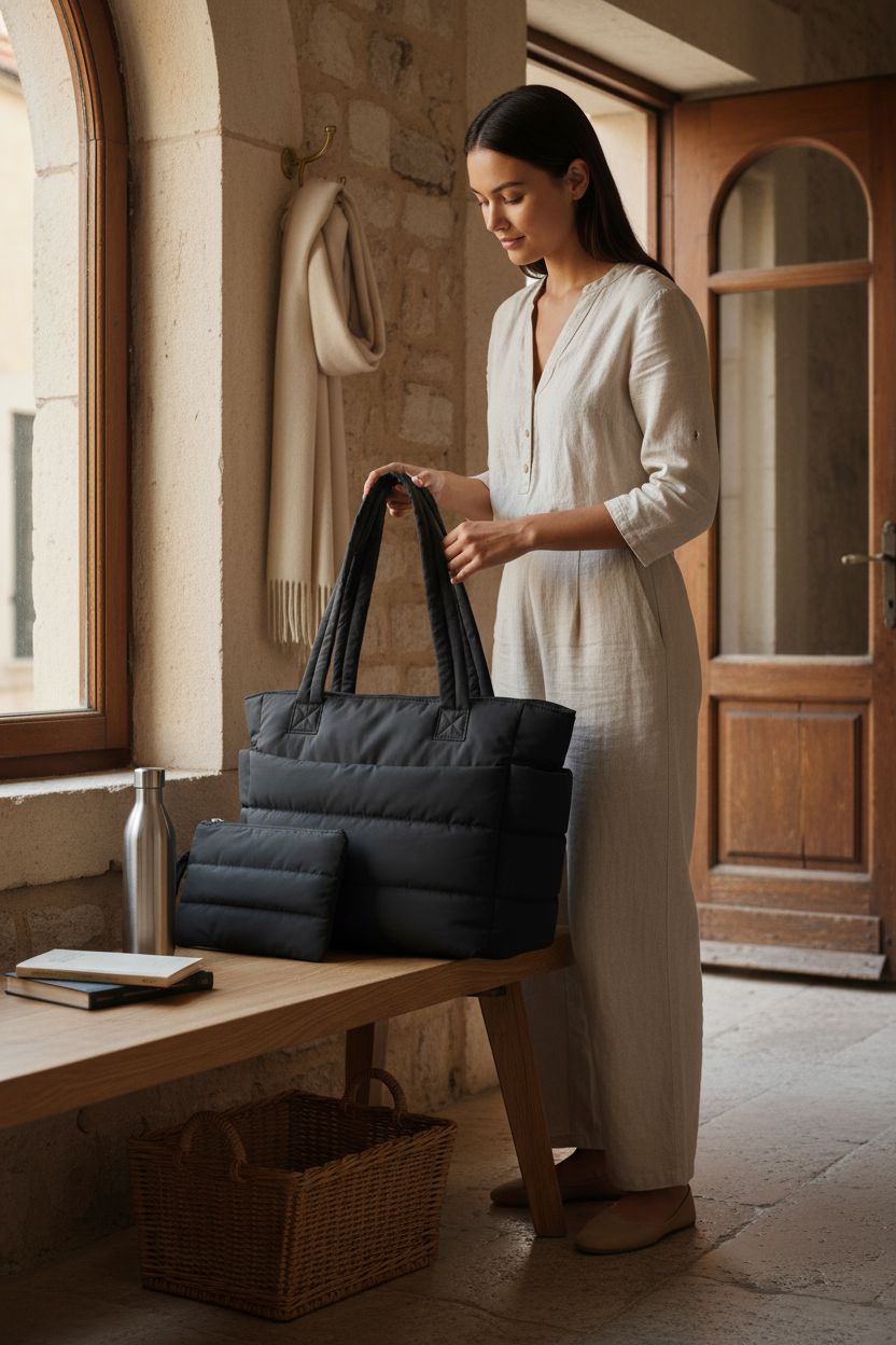 Charming setting with TOPDesign puffer tote bag on oak bench, showcasing its cozy style.