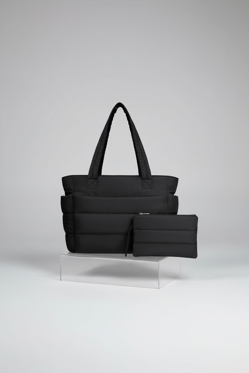 Product shot of TOPDesign puffer tote bag, highlighting its quilted design and quality finish.