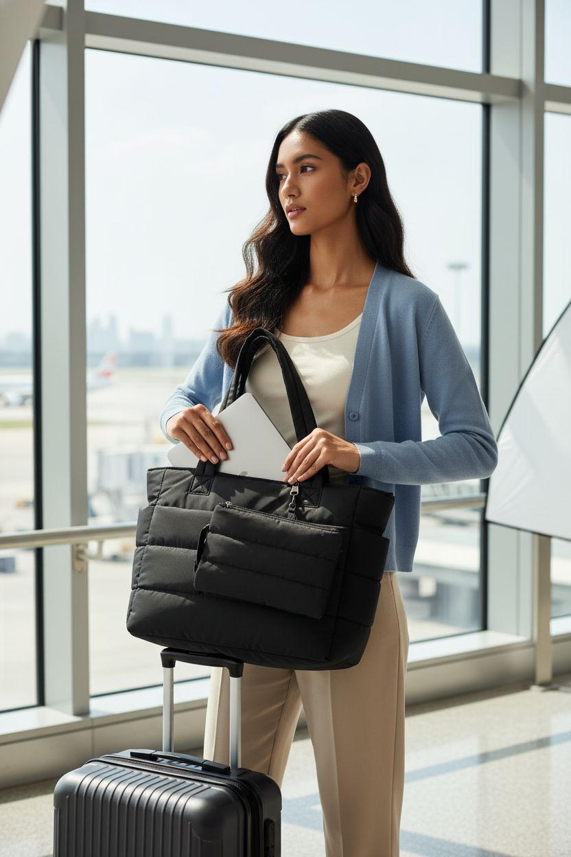 TOPDesign puffer tote bag with padded sleeve for laptop, ideal for travel and work.