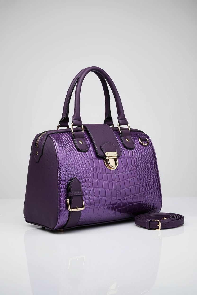 Dasein vegan leather purple satchel handbag displayed on a light-grey backdrop, showcasing fine details.
