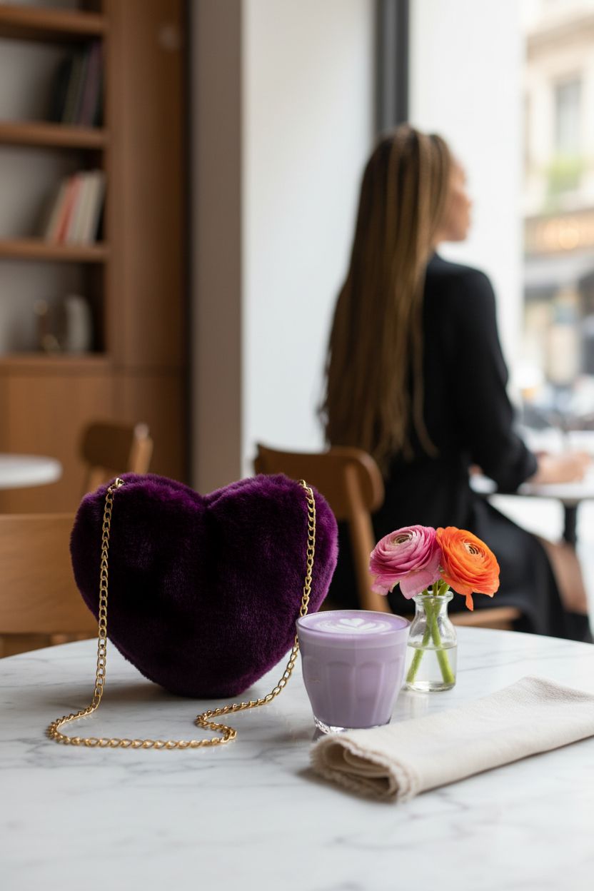 Miayon dark purple heart purse on a marble table next to a lavender latte.