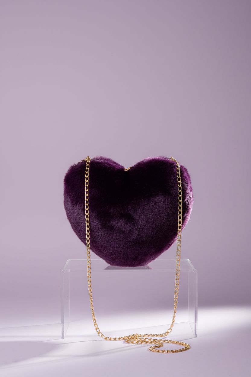 Miayon dark purple faux fur purse showcased on an acrylic riser with gold details.