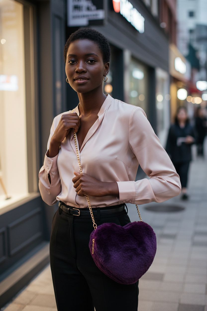 Close-up of Miayon dark purple faux fur heart-shaped purse with gold chain detail.
