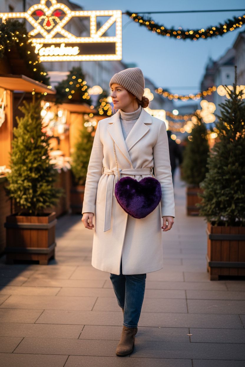 Miayon dark purple faux fur heart bag worn crossbody at a festive market.