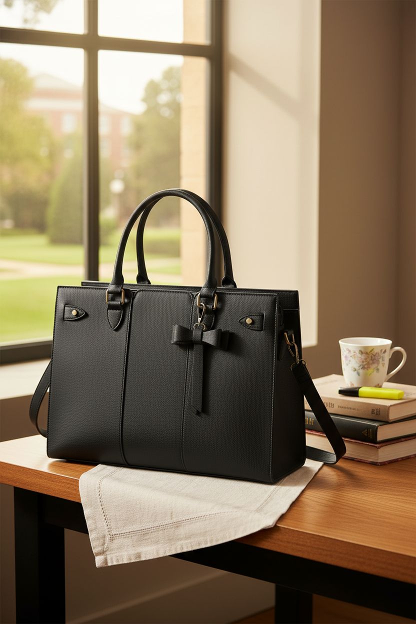 RAINSMORE black tote bag on a library table, surrounded by textbooks and a mug, perfect for study sessions.