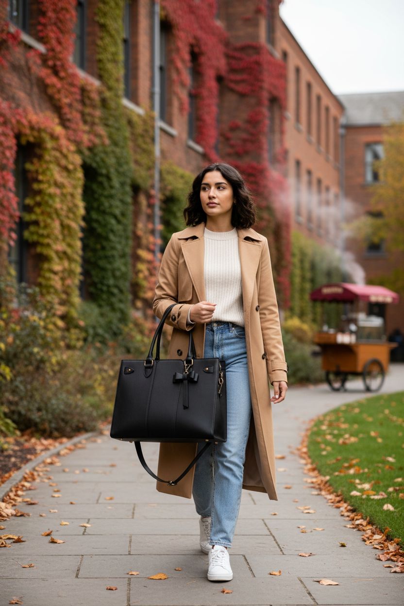 Stylish RAINSMORE laptop tote bag for school, featuring top handles and bow charm, set in a campus scene.