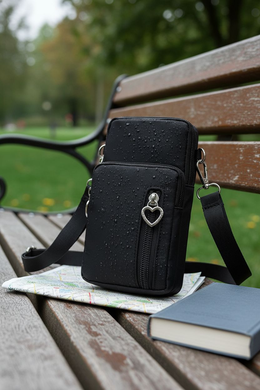 BIAOTIE small black purse resting on a bench beside a city map, hinting at water resistance.