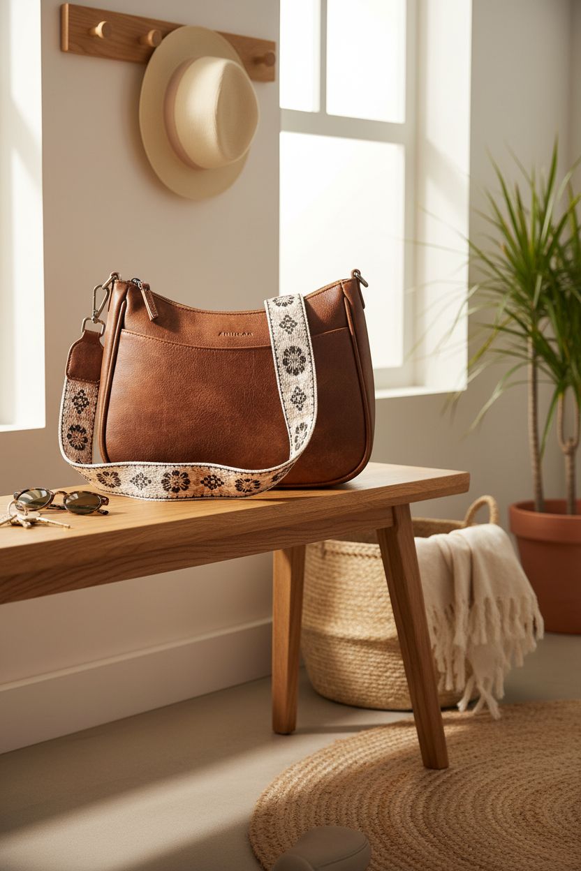 APHISON crossbody purse on oak bench with soft linen throw, showcasing homey and stylish vibe