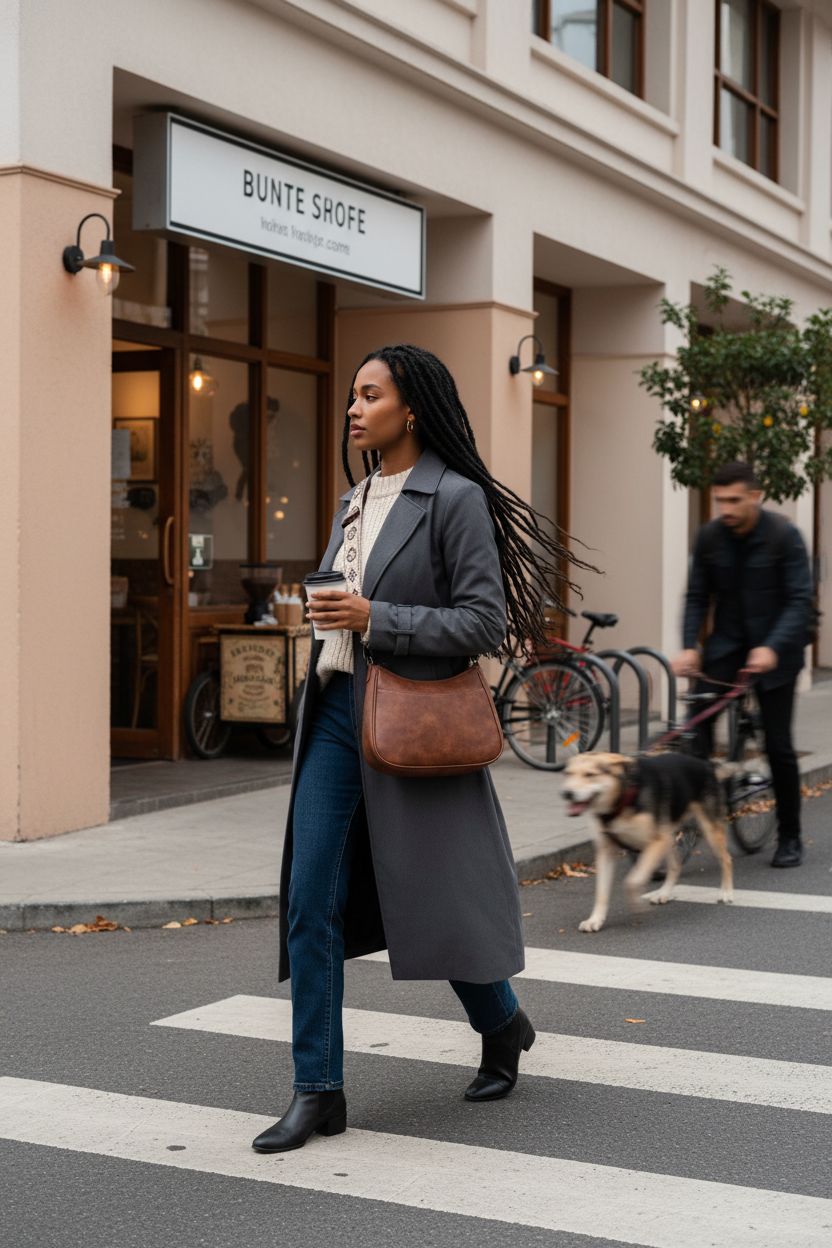 Trendy APHISON cognac crossbody purse with patterned strap against neutral outfit in urban setting