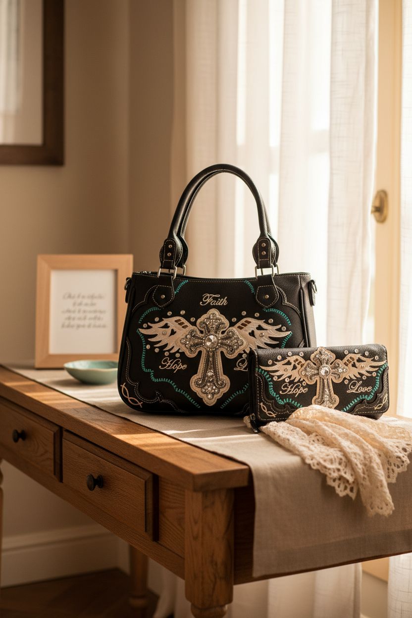 Lucazzi purse with cross logo and wallet displayed in a cozy home entryway, accentuating refined style.