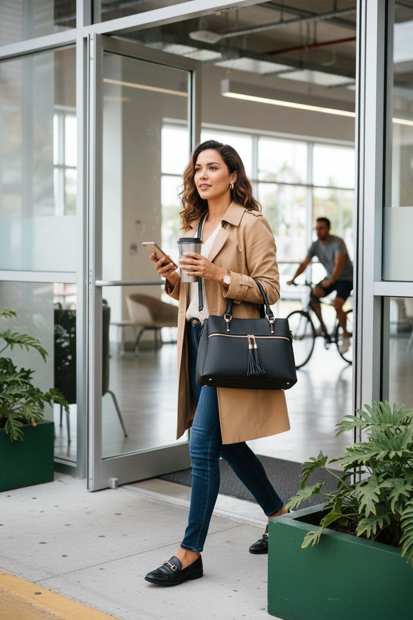 KKXIU black satchel bag with pockets, stylishly worn at a coworking space