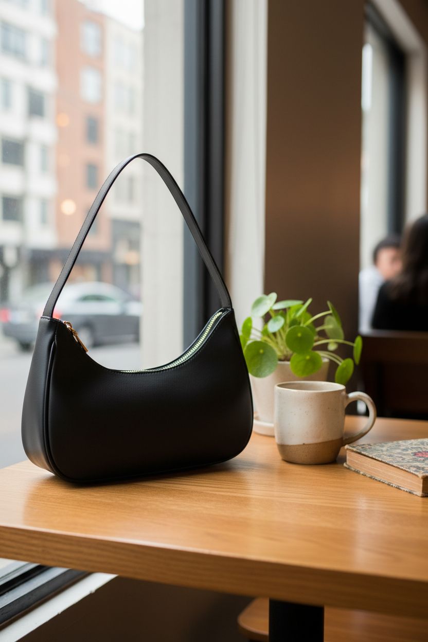 WSRYDJDL black crescent bag on a table with a mug and book, perfect for cozy café visits.