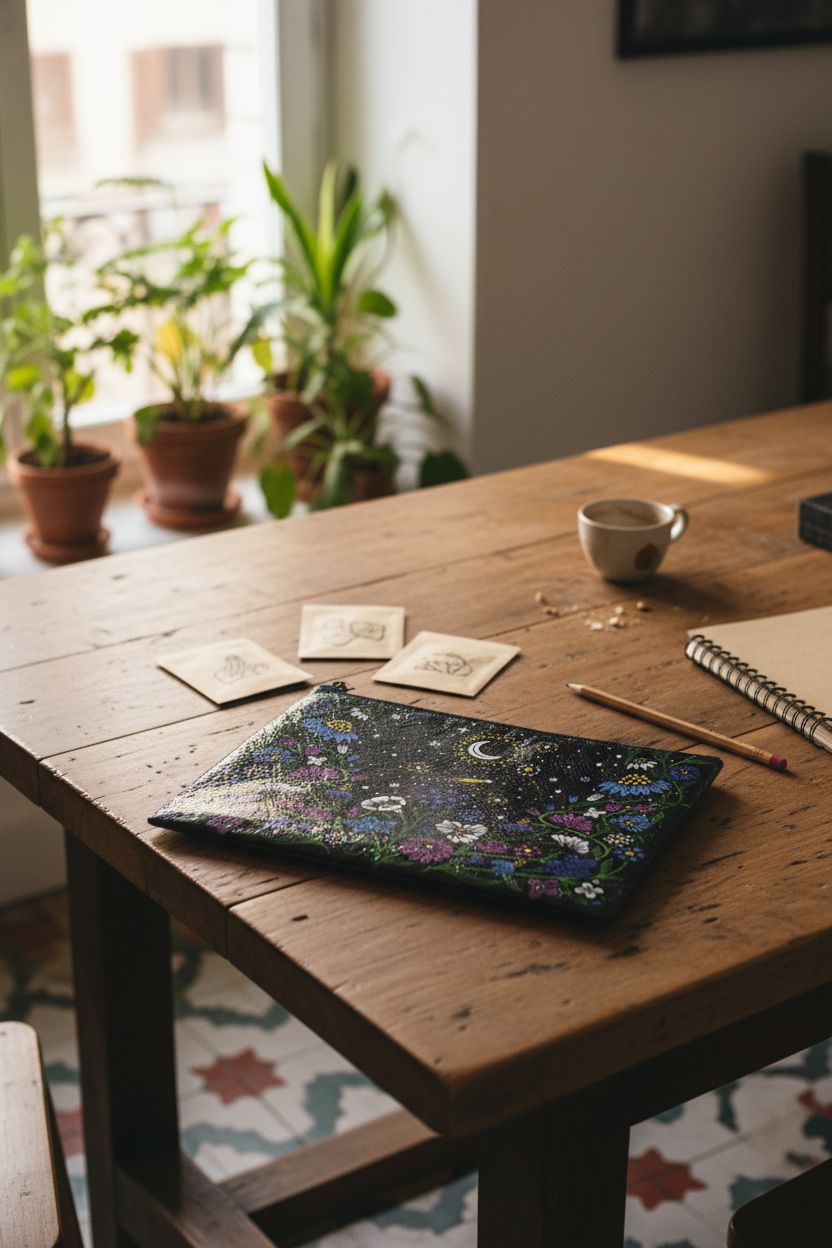 Starry Garden pouch on a reclaimed wood table, surrounded by plants and eco-friendly items.