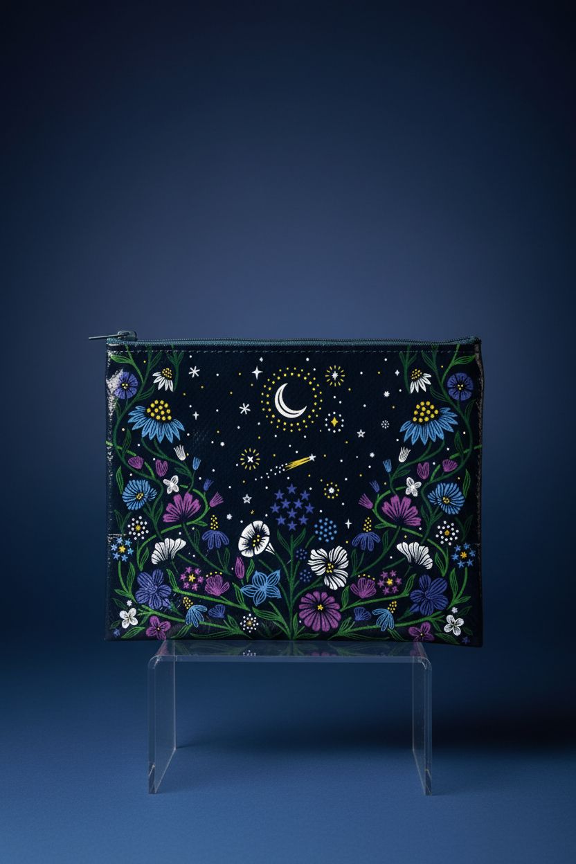 Blue Q Starry Garden zipper pouch on an elegant display, highlighting its recycled material.