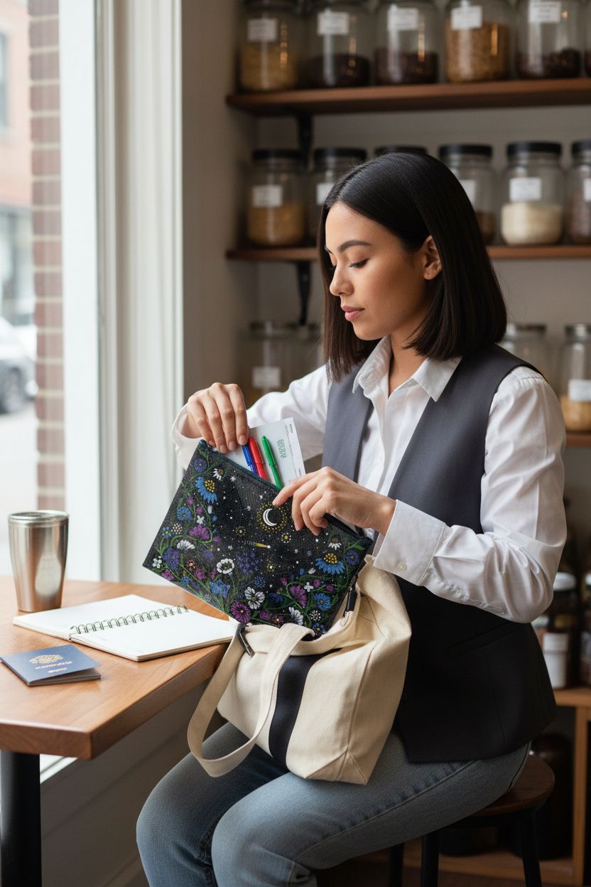 Blue Q Starry Garden zipper pouch made from recycled materials, unzipped in a cozy café setting.