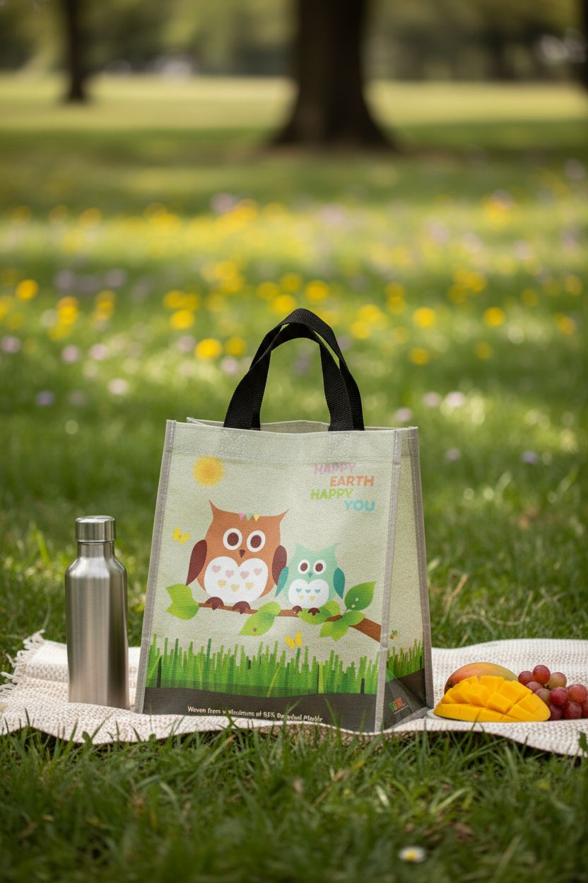 EcoJeannie bag beside a picnic setting in a sunny park, evoking an eco-friendly vibe
