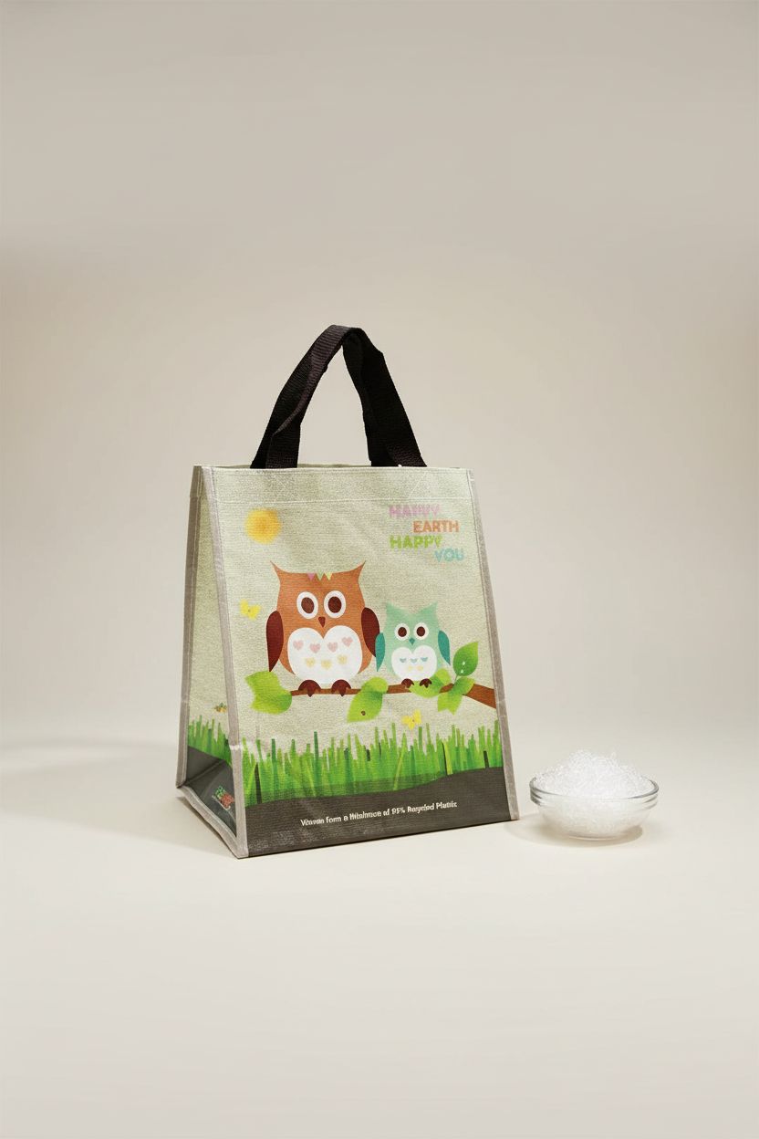 EcoJeannie bag on a studio set, highlighting its recycled materials and quality finish