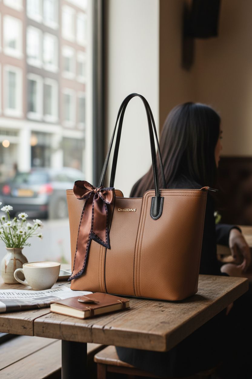 Montana West brown tote bag elegantly displayed on a wooden café table with coffee and a journal.