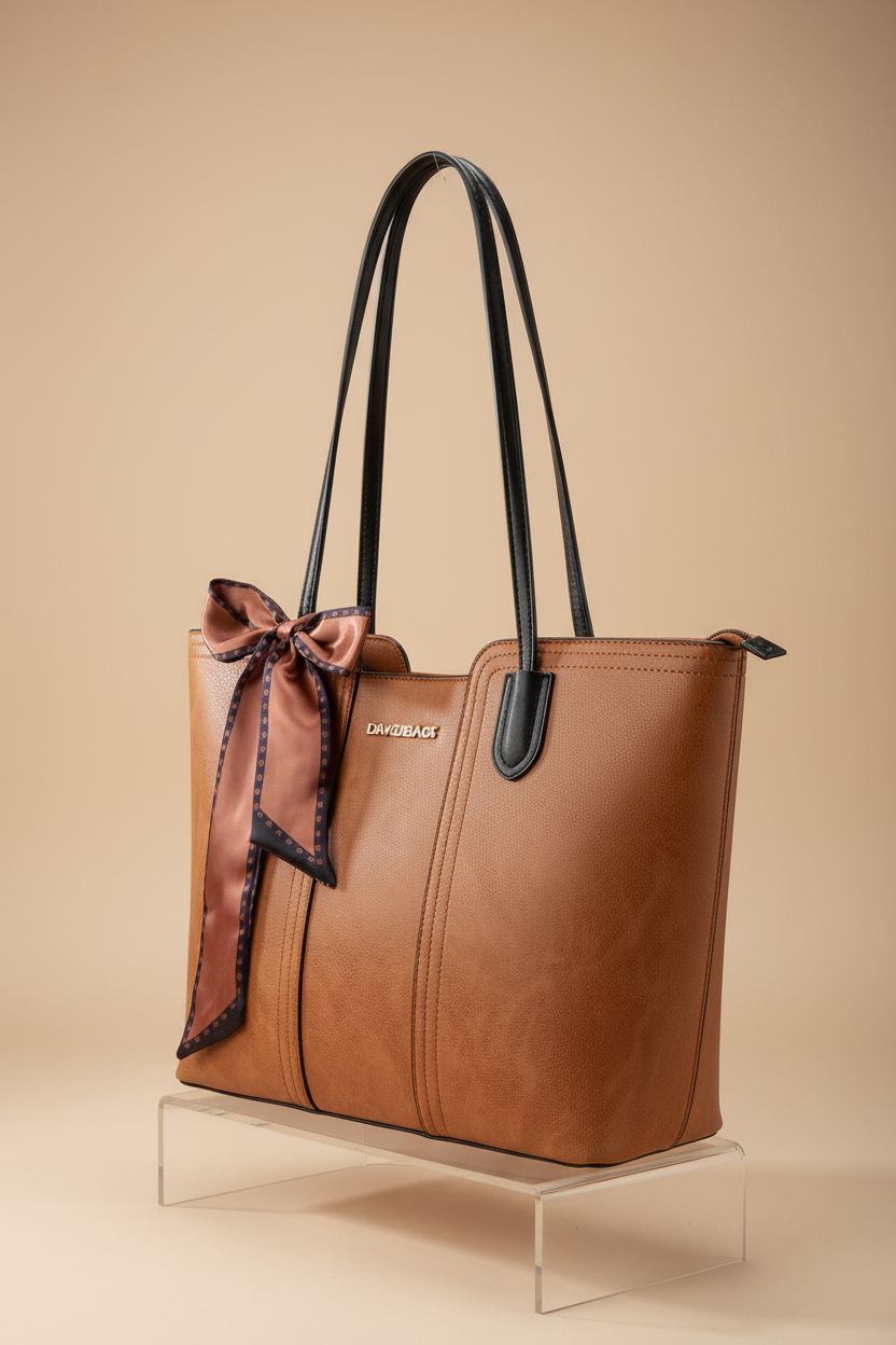 Montana West brown tote bag featuring premium vegan leather on a soft gradient background, highlighting its design.