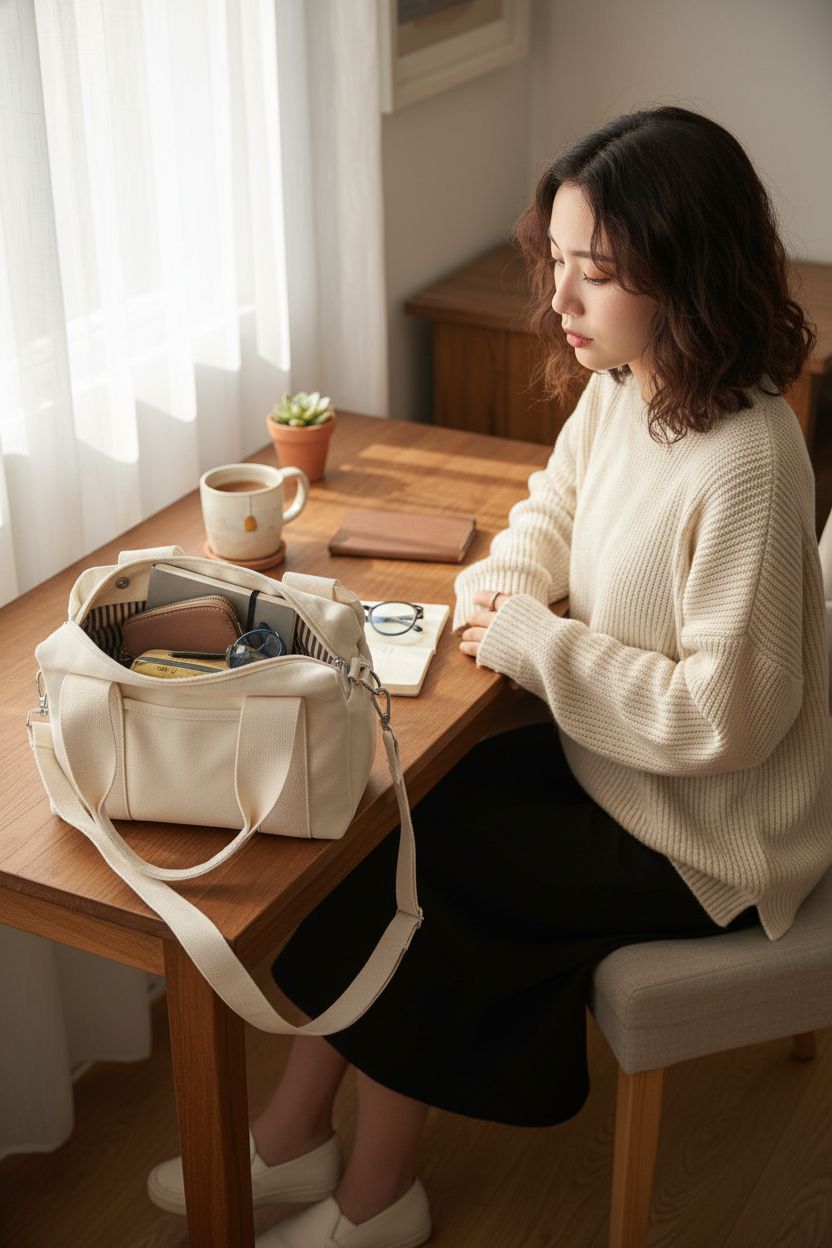 DOURR multi-compartment canvas tote in a cozy workspace, showcasing organization and style.