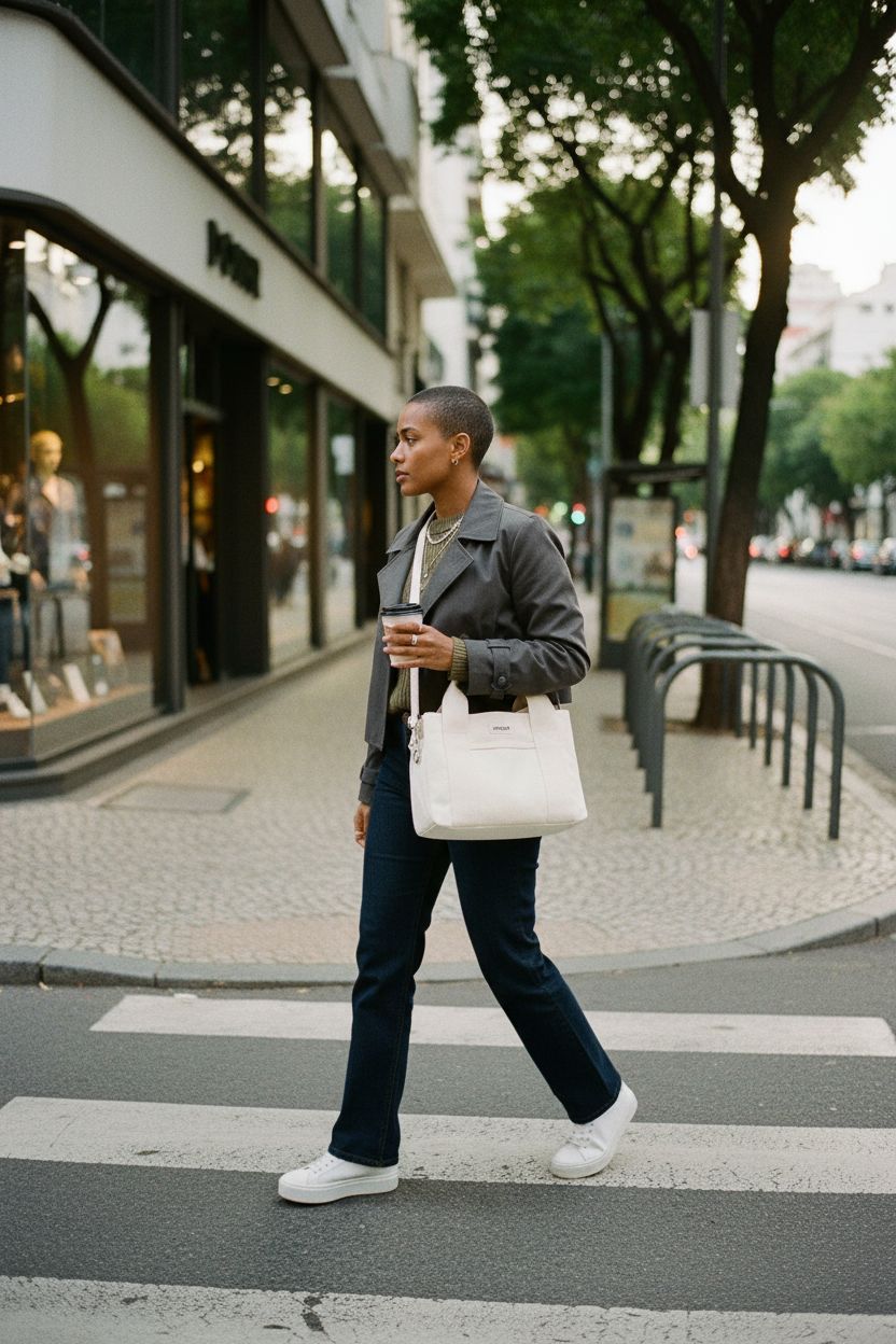 DOURR white canvas tote bag showcased in a vibrant urban setting, perfect for daily commutes.
