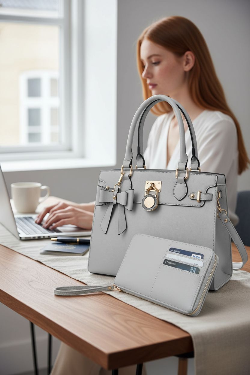 Qiyuer handbag and wallet in a cozy home office, highlighting functionality and style.