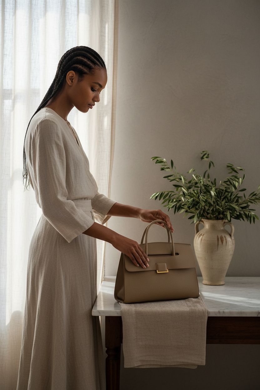Niction taupe handbag on a natural linen runner in a serene entryway