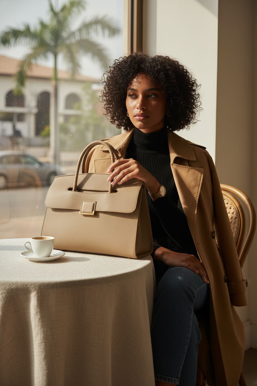 Niction taupe PU hobo tote bag beside espresso cup in a cozy café setting