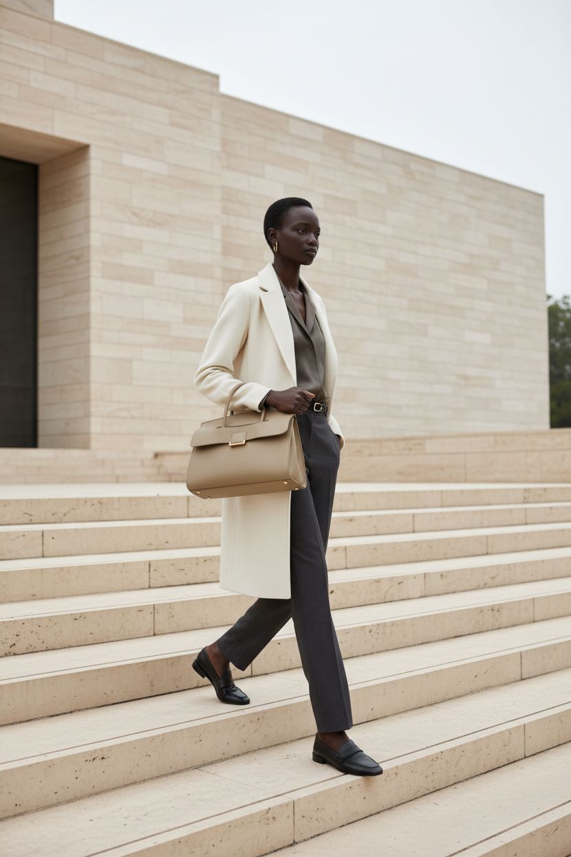Niction taupe handbag elegantly carried outside a contemporary art museum