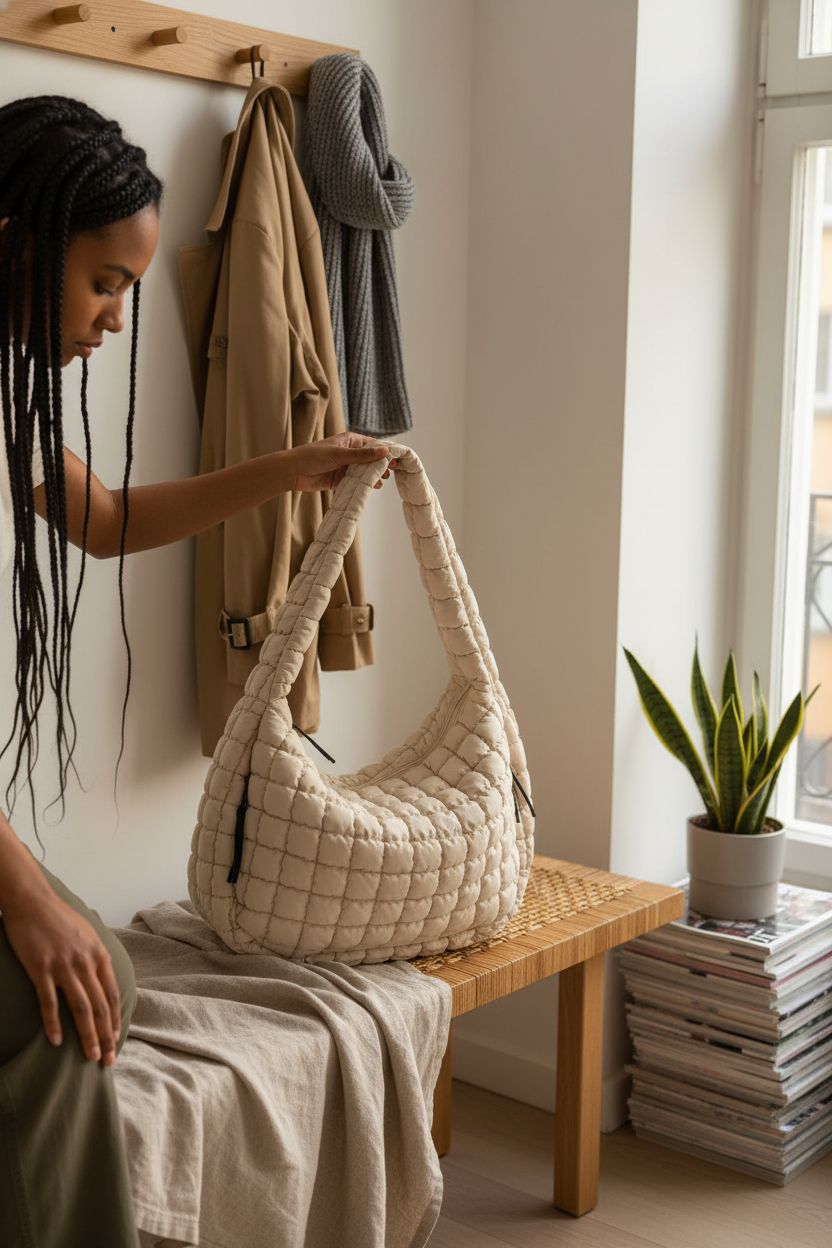 Light beige Juoxeepy quilted tote bag on a wooden bench in a cozy apartment