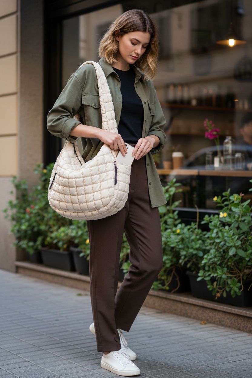 Juoxeepy quilted tote bag with side zip pocket on a café sidewalk
