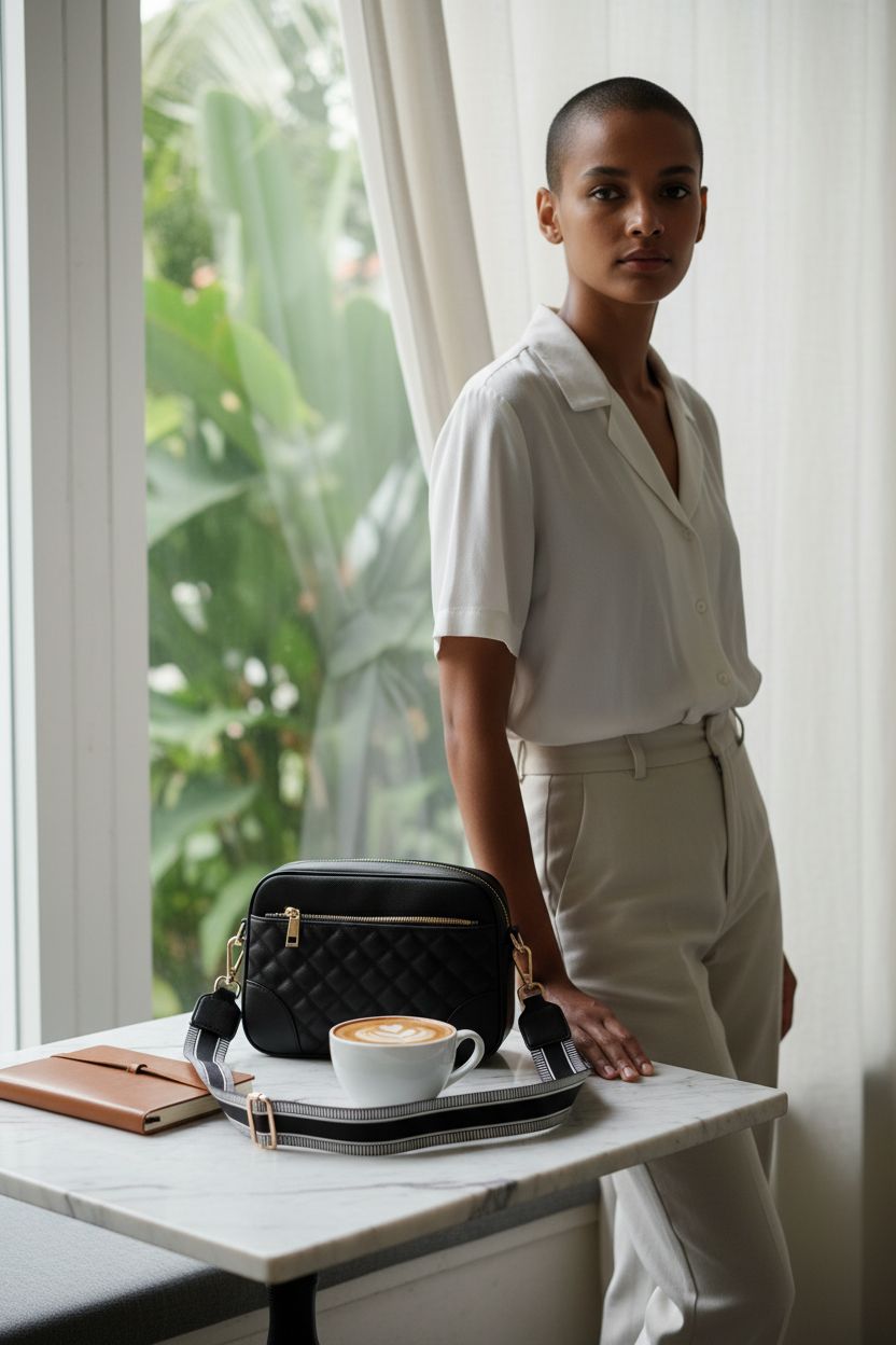 FYY black quilted crossbody bag beside a cappuccino in a cozy café setting.
