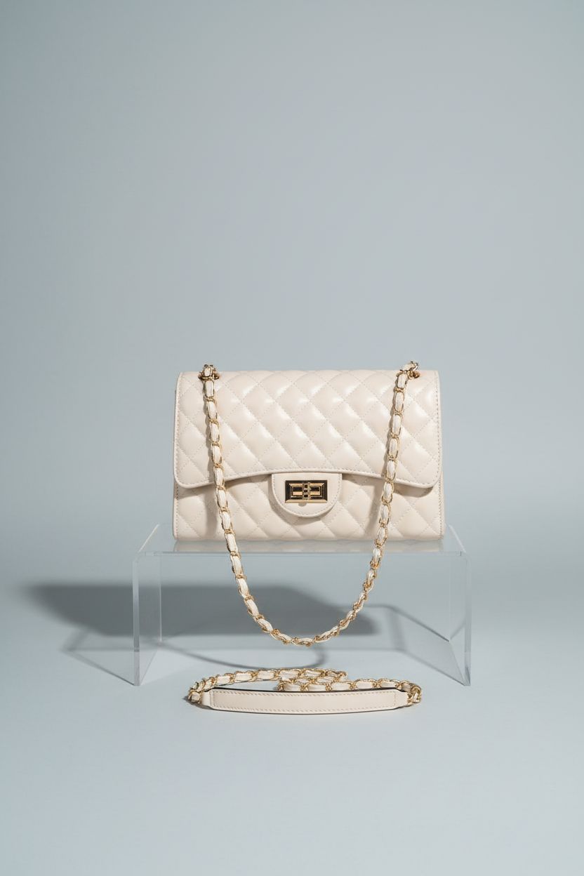 DIUY beige quilted leather handbag showcased on a clean editorial set