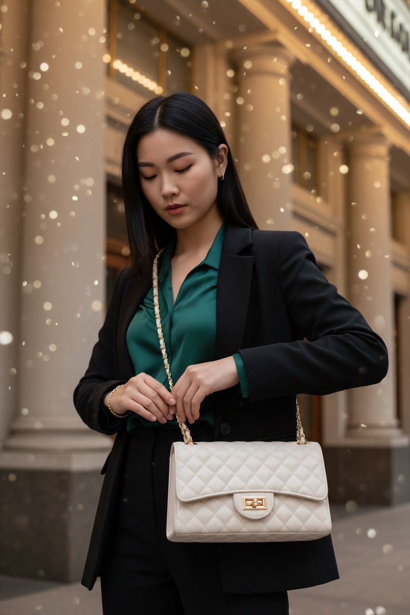 DIUY beige quilted handbag with chain strap, elegant setting near theater entrance