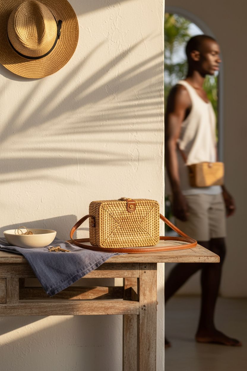 CrazyPiercing rattan bag resting on a teak console in a sunlit coastal setting, exuding relaxed elegance.
