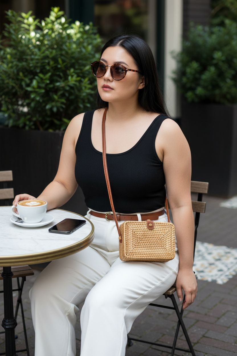 CrazyPiercing rattan crossbody bag on a bistro table, complementing a stylish outfit with a chic vibe.