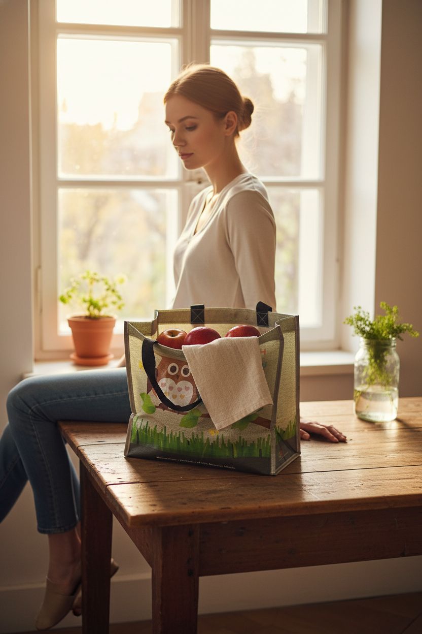 EcoJeannie bag with fresh apples on a reclaimed farmhouse table in a cozy kitchen nook.