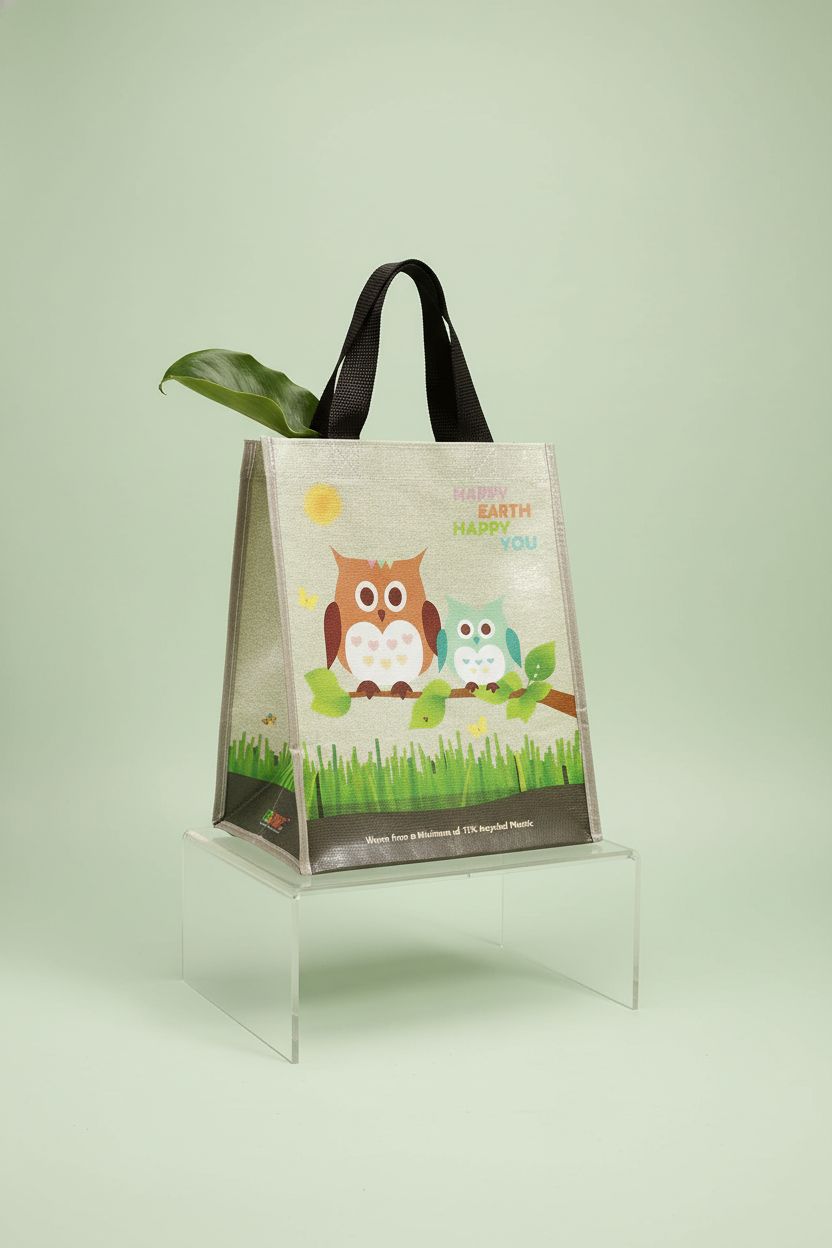 EcoJeannie laminated woven grocery bag displayed on a pale sage background, showcasing its texture.