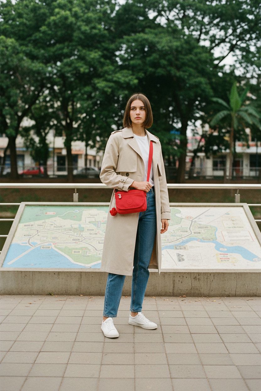 Kipling red crossbody bag showcased in an urban riverside setting, highlighting its lightweight design.