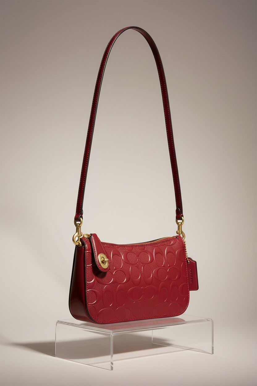 Close-up of Coach Penn Shoulder Bag in Signature Leather, highlighting its luxurious finish and design.