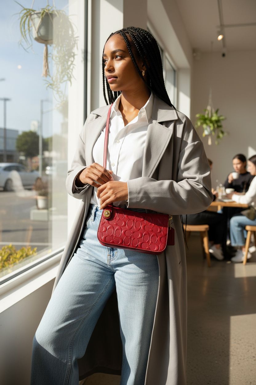 Coach Penn Shoulder Bag in Signature Leather, B4/Enamel RED, styled with denim and a trench coat.